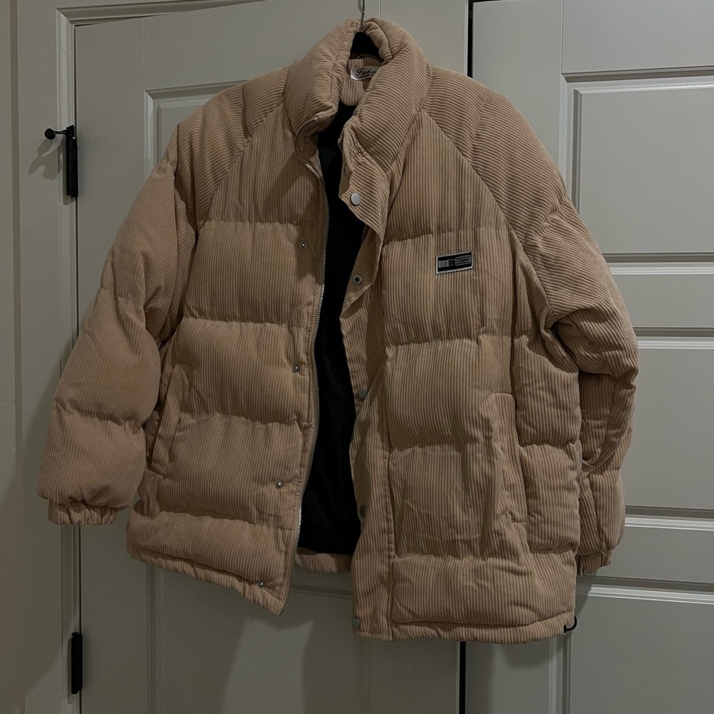 Men’s Tan Beige Corduroy Bomber Puffer Jacket Coat